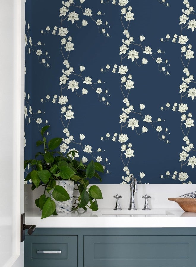 GloryTik 17.3" x 118" Floral Wallpaper Dark Blue Peel and Stick Wallpaper Beige Flower Contact Paper Vintage Self Adhesive Wallpaper Removable Mural Wallpaper for Home Wall Decoration Vinyl Roll - Image 3