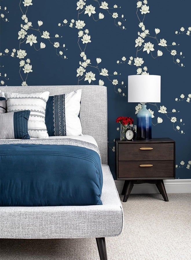 GloryTik 17.3" x 118" Floral Wallpaper Dark Blue Peel and Stick Wallpaper Beige Flower Contact Paper Vintage Self Adhesive Wallpaper Removable Mural Wallpaper for Home Wall Decoration Vinyl Roll - Image 2