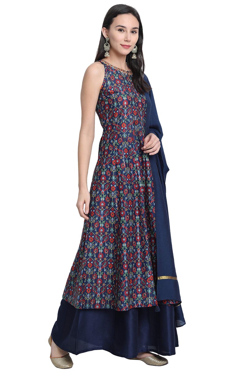 Janasya Blue Embellished Kurta with Palazzo & Dupatta for Women Silk Blend Fabric Latest Fashion - Image 2