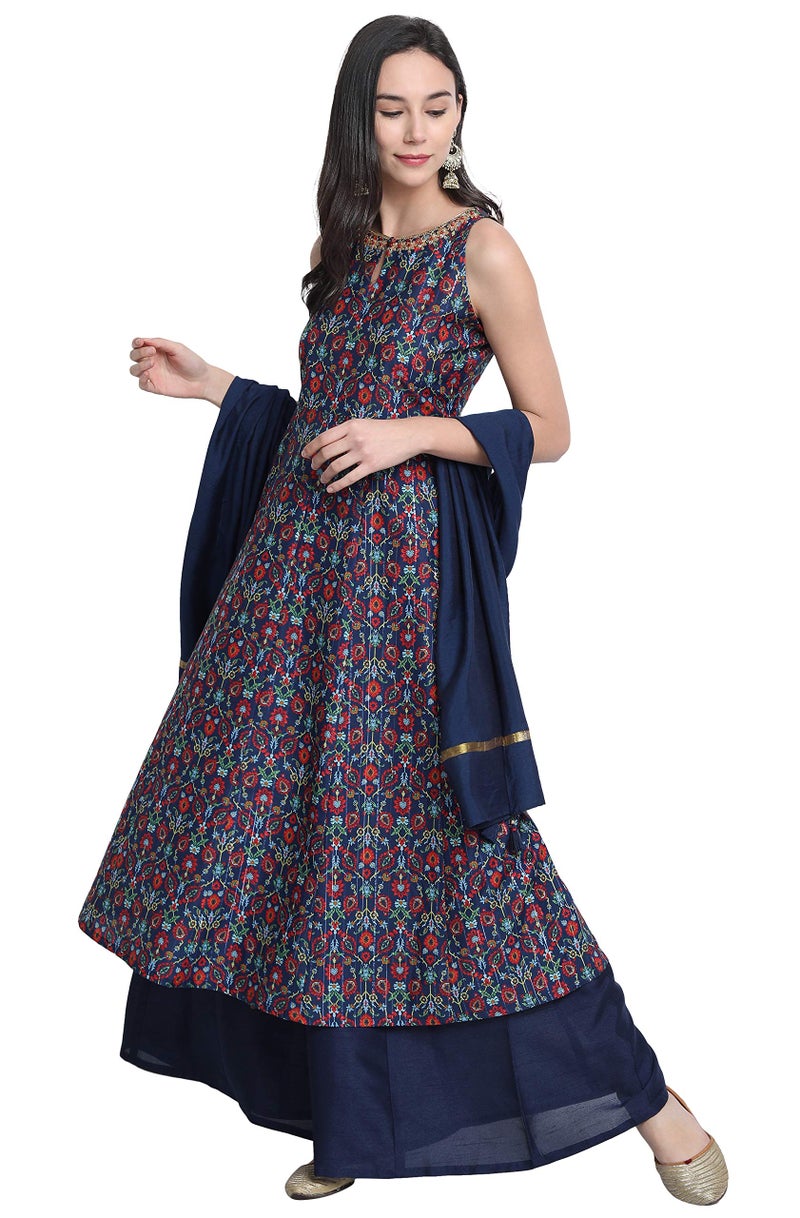 Janasya Blue Embellished Kurta with Palazzo & Dupatta for Women Silk Blend Fabric Latest Fashion - Image 1