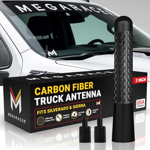 Mega Racer Carbon Fiber Truck Antenna Chevy Silverado 1500 & GMC Sierra (Year 1999-2025) | Short Car Audio & Video Antennas | Small Chevy Silverado Antenna Truck Accessories | Black 3 Inch - Image 1
