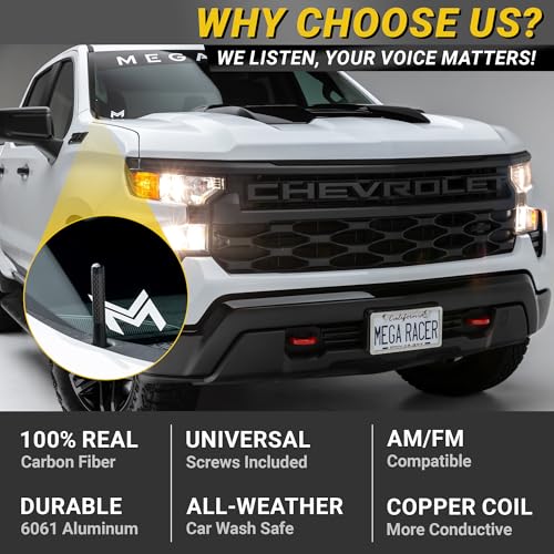 Mega Racer Carbon Fiber Truck Antenna Chevy Silverado 1500 & GMC Sierra (Year 1999-2025) | Short Car Audio & Video Antennas | Small Chevy Silverado Antenna Truck Accessories | Black 3 Inch - Image 4