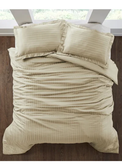 Donetella 3-Piece Hotel Style Duvet Cover Cotton Rich 500 Thread Count Hotel Satin Striped King Size(Without Insert) Beige