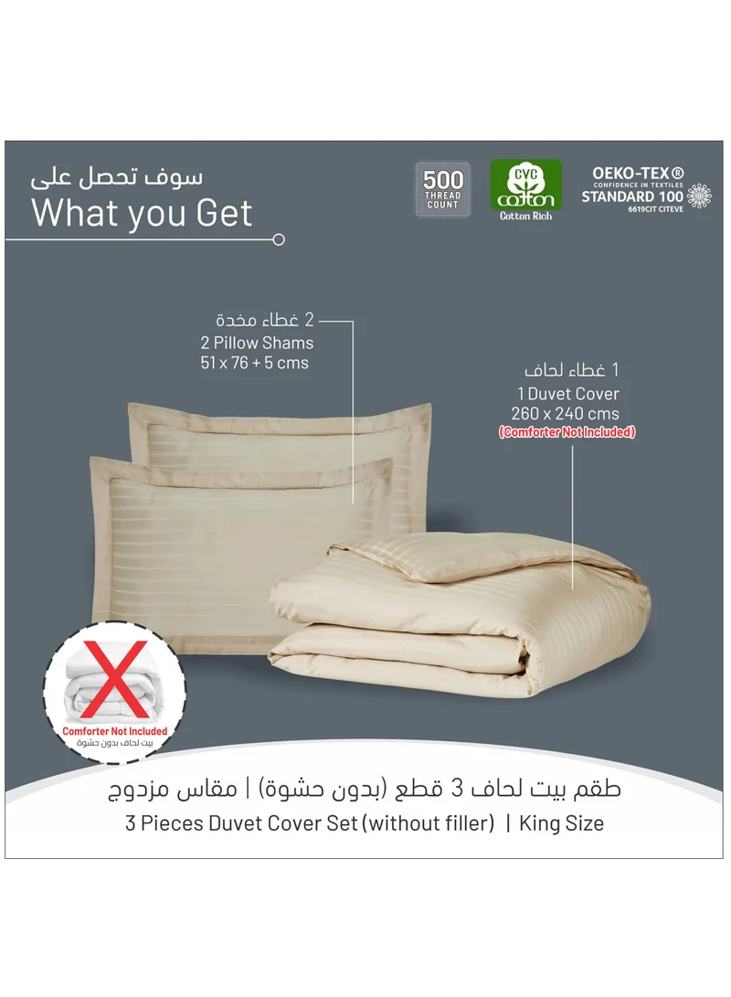 Donetella 3-Piece Hotel Style Duvet Cover Cotton Rich 500 Thread Count Hotel Satin Striped King Size(Without Insert) Beige