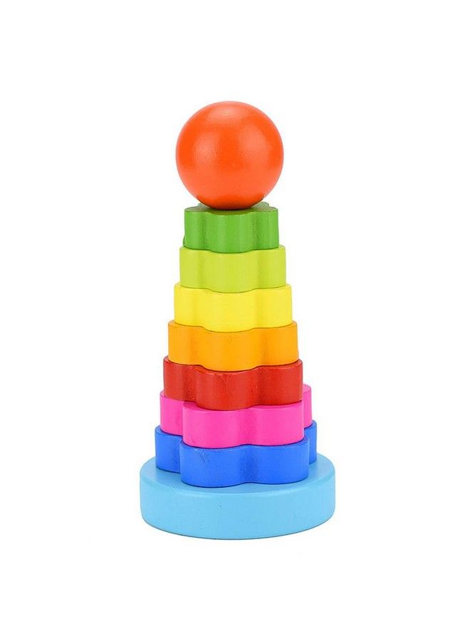 Smoneo Montessori Wooden Flower Rainbow Rings Tower; Shape Recognition Sorting Stacking And Plugging; Stacker Building Educational Learning Toy Game For 3 Years And Above Toddler Kids - Image 1