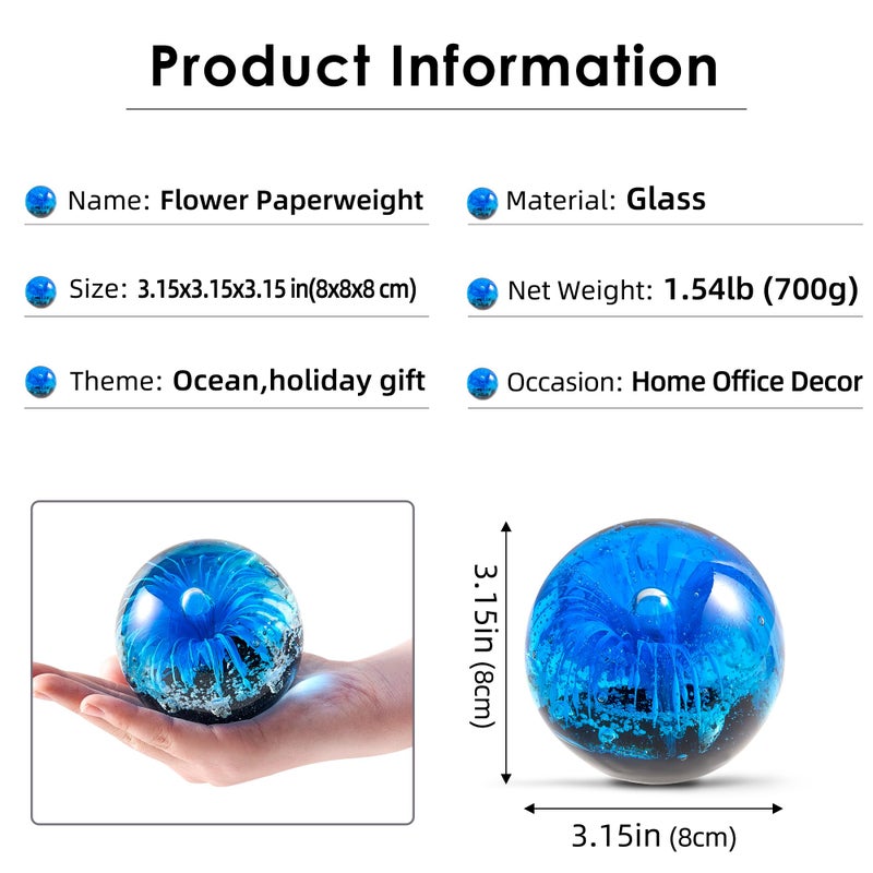 EUSTUMA Blue Hand Blown Glass Anemones Sculpture, 3.15x3.15x3.15 inches, 1.52 lbs, Paperweight, Fish Tank Ornament, Figurine Gift Box, Home Decoration - Image 2