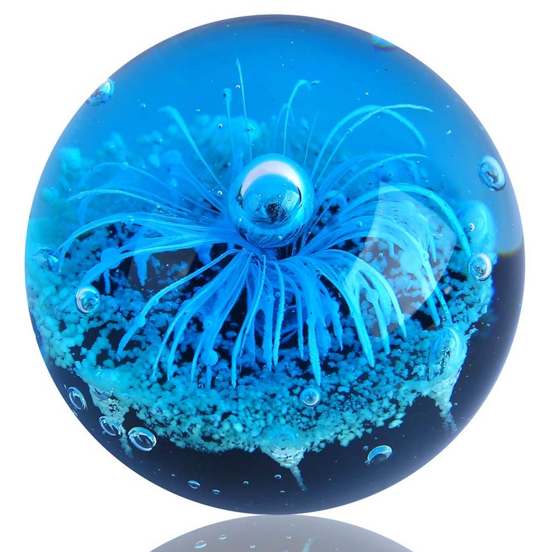 EUSTUMA Blue Hand Blown Glass Anemones Sculpture, 3.15x3.15x3.15 inches, 1.52 lbs, Paperweight, Fish Tank Ornament, Figurine Gift Box, Home Decoration - Image 1