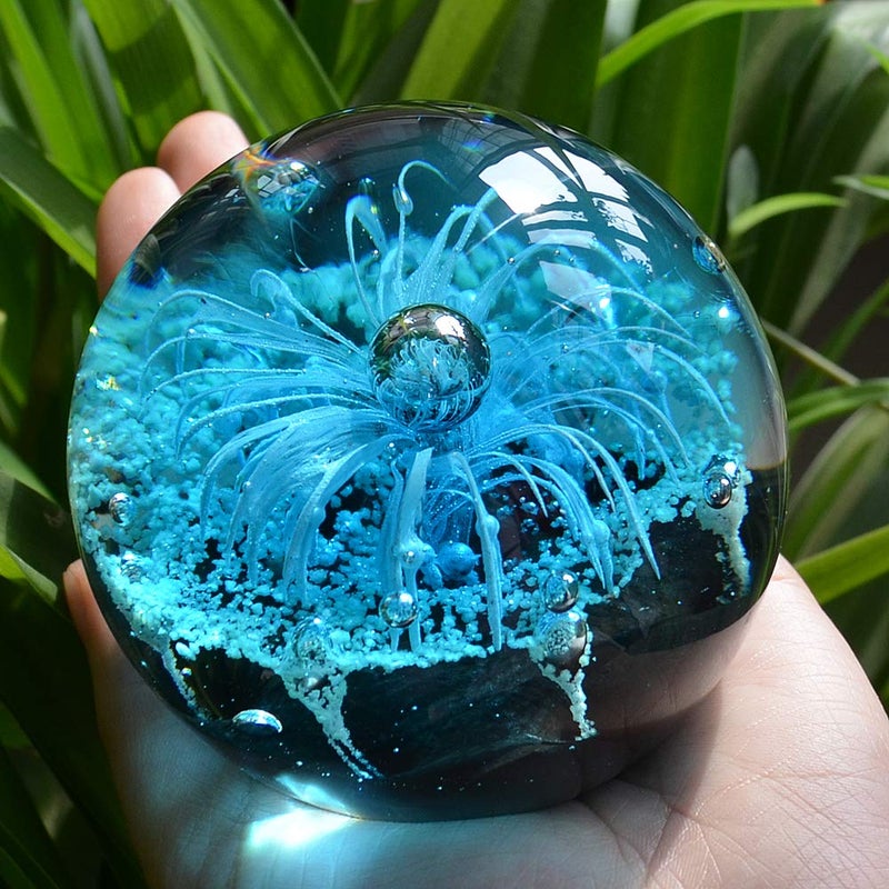 EUSTUMA Blue Hand Blown Glass Anemones Sculpture, 3.15x3.15x3.15 inches, 1.52 lbs, Paperweight, Fish Tank Ornament, Figurine Gift Box, Home Decoration - Image 5