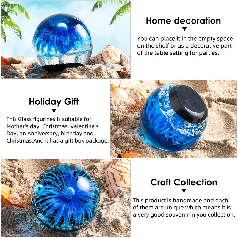 EUSTUMA Blue Hand Blown Glass Anemones Sculpture, 3.15x3.15x3.15 inches, 1.52 lbs, Paperweight, Fish Tank Ornament, Figurine Gift Box, Home Decoration - Image 3