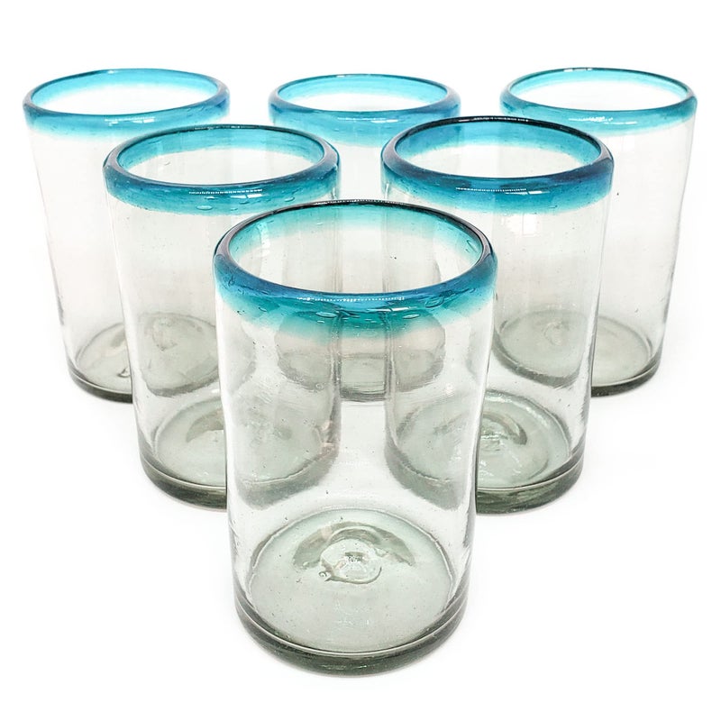 MexHandcraft Aqua Blue Rim 14 oz Drinking Glasses (set of 6) Mexican Handmade Glassware, Recycled Glass, Lead-free, Toxin-Free (Drinking) - Image 1