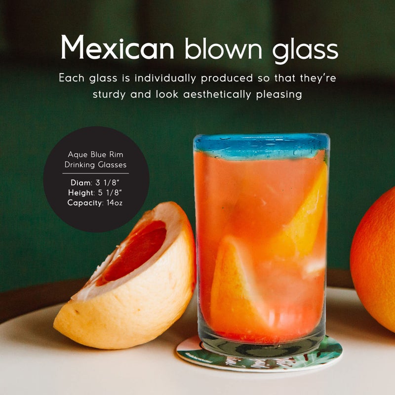 MexHandcraft Aqua Blue Rim 14 oz Drinking Glasses (set of 6) Mexican Handmade Glassware, Recycled Glass, Lead-free, Toxin-Free (Drinking) - Image 2