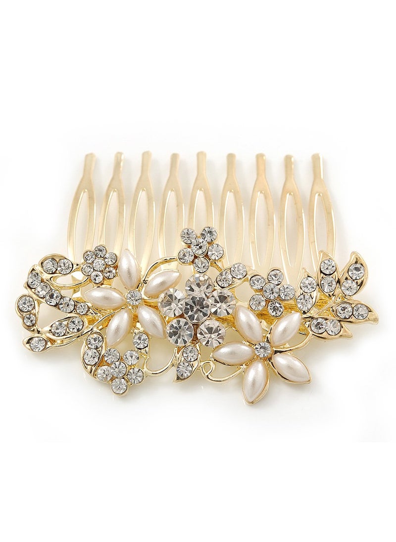 Avalaya Bridal/Wedding/Prom/Party Gold Plated Clear Crystal and Light Cream Simulated Pearl Floral Hair Comb - 50mm 
