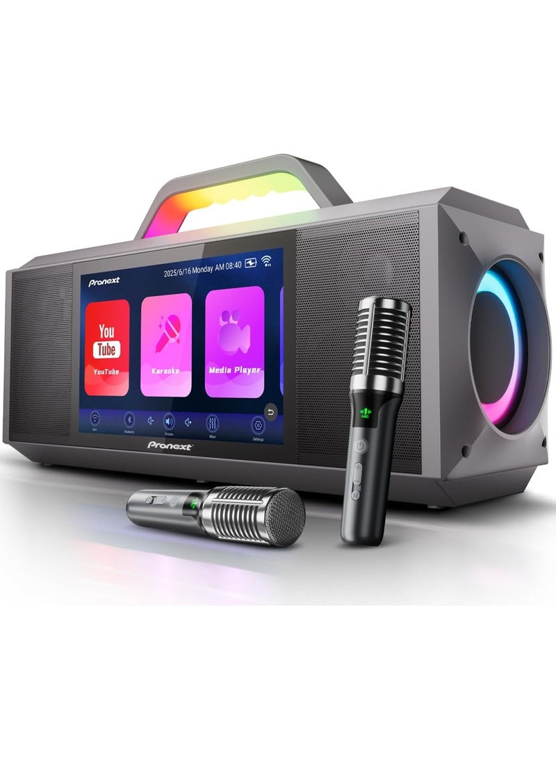PRONEXT GD-P06 Portable Karaoke Machine with 9″ Touchscreen Lyrics Display, 200W Sound, Dual Wireless Microphones, TV Output for Home & Party - Image 1