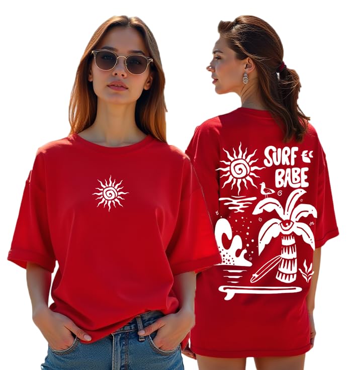 RodZen Oversized | Loose Fit | Half Sleeves Drop Shoulder Cotton Blend Round Neck Printed T-Shirt for Women (Red, 2XL) - Image 1