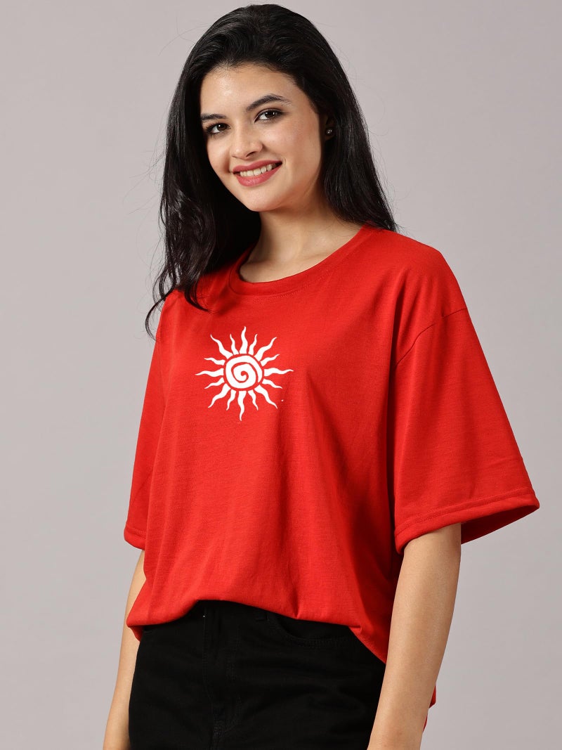 RodZen Oversized | Loose Fit | Half Sleeves Drop Shoulder Cotton Blend Round Neck Printed T-Shirt for Women (Red, 2XL) - Image 3