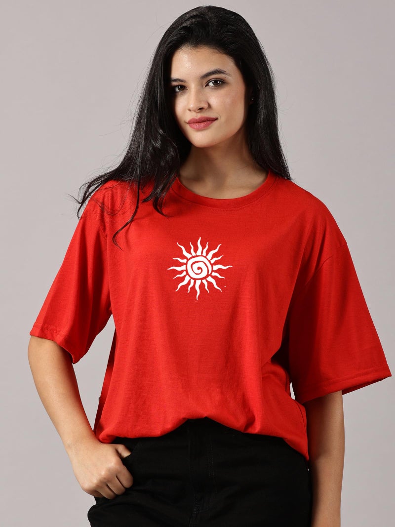 RodZen Oversized | Loose Fit | Half Sleeves Drop Shoulder Cotton Blend Round Neck Printed T-Shirt for Women (Red, 2XL) - Image 4
