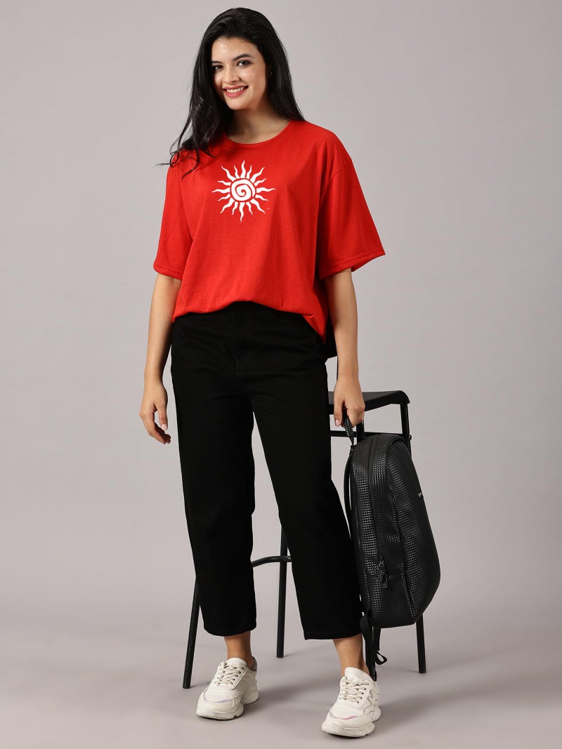RodZen Oversized | Loose Fit | Half Sleeves Drop Shoulder Cotton Blend Round Neck Printed T-Shirt for Women (Red, 2XL) - Image 5