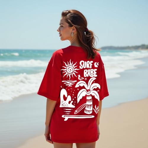 RodZen Oversized | Loose Fit | Half Sleeves Drop Shoulder Cotton Blend Round Neck Printed T-Shirt for Women (Red, 2XL) - Image 2