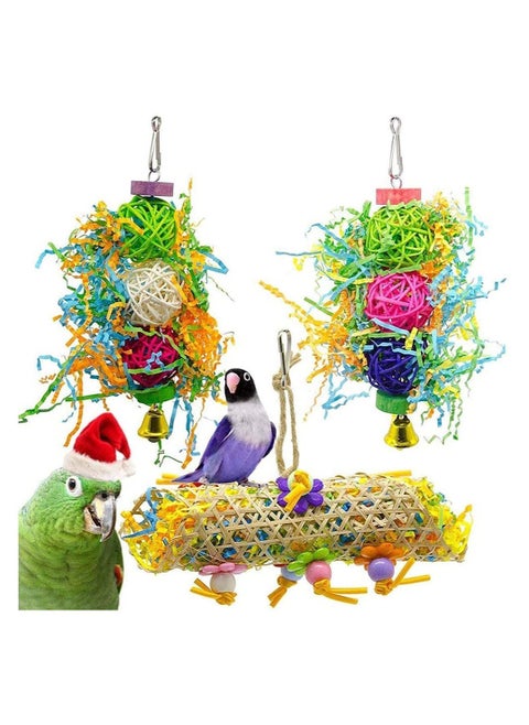 Interactive Bird Toys Set - 3 Piece Chew Toy for Parrots, Shredded Paper & Bamboo Net for Foraging Fun, Ideal Cage Bite Toy for atoos & Small Birds