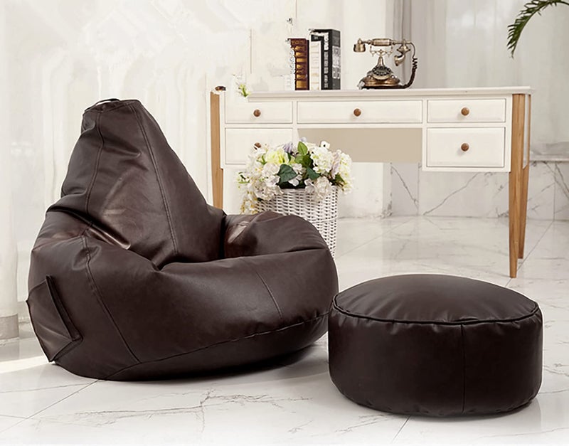 LEXAVI LEXAVI Brand Bean Bag with Footrest Filled with Beans 4XL Large Jumbo Size in Faux Leather 4XL Brown Pocket  - Image 1