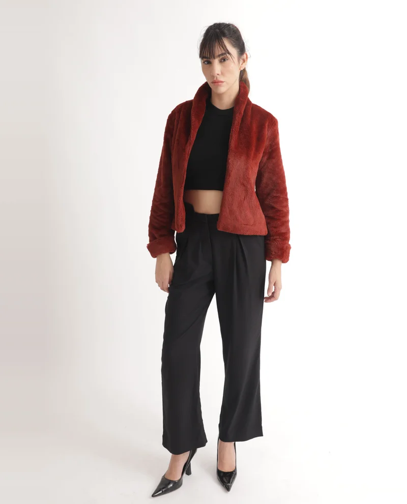 Rareism Rareism Women Schella Rust Polyester Fabric Full Sleeves Zip Closure High Neck Regular Fit Plain Jacket