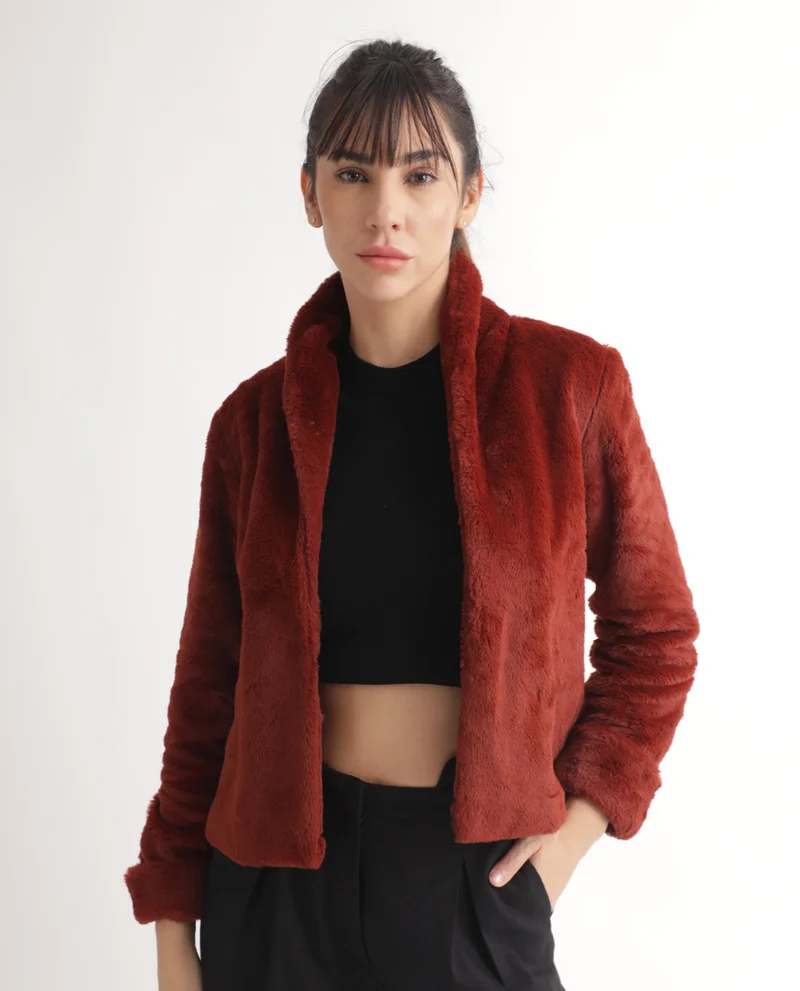 Rareism Rareism Women Schella Rust Polyester Fabric Full Sleeves Zip Closure High Neck Regular Fit Plain Jacket