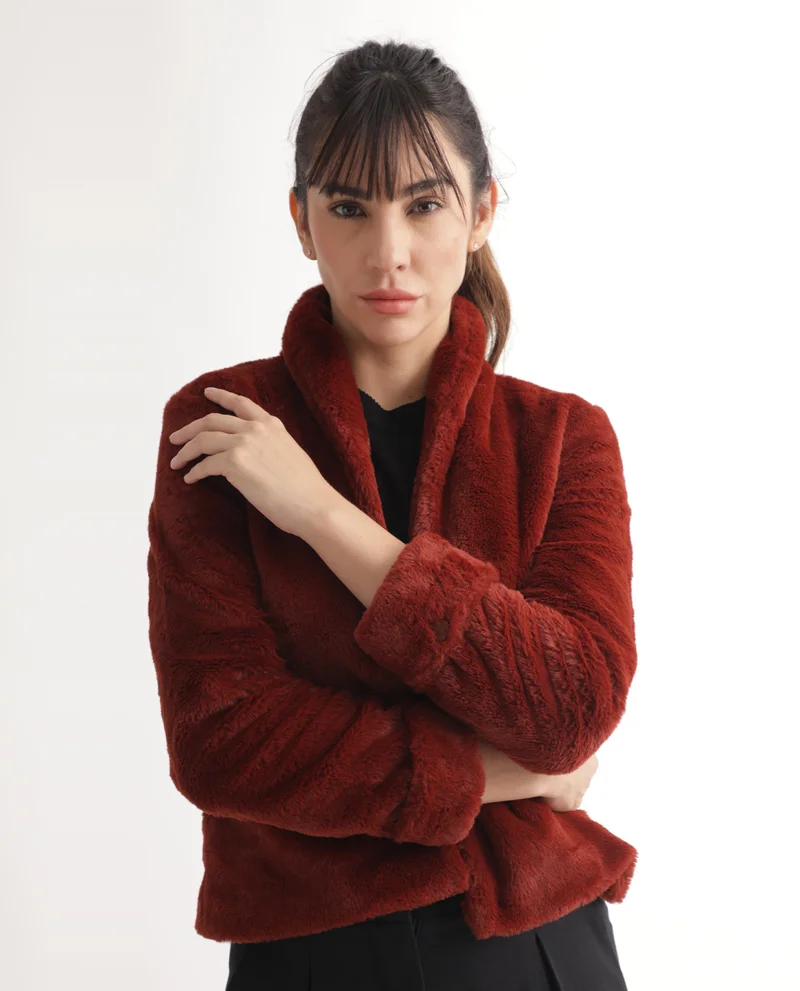 Rareism Rareism Women Schella Rust Polyester Fabric Full Sleeves Zip Closure High Neck Regular Fit Plain Jacket
