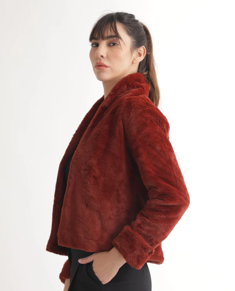 Rareism Rareism Women Schella Rust Polyester Fabric Full Sleeves Zip Closure High Neck Regular Fit Plain Jacket