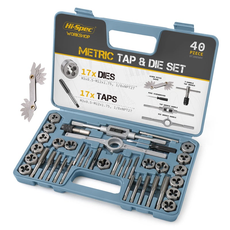 Hi-Spec Hi-Spec 40-PC Metric Tap and Die Set – Complete M3 to M12 Tapping & Threading Kit with Accessories - Image 1