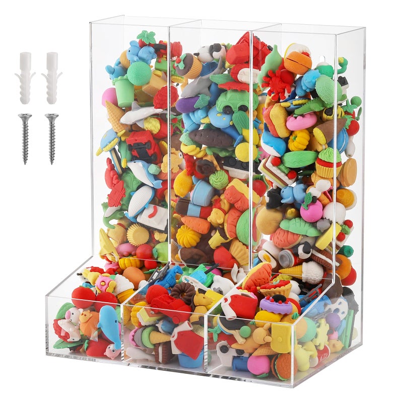 ZEAYEA Acrylic Wall Toy Dispenser Hanging Organizer and Storage Bin for Playroom Triple Divided Clear Holder for Blocks Cars Trains Balls Darts Snacks