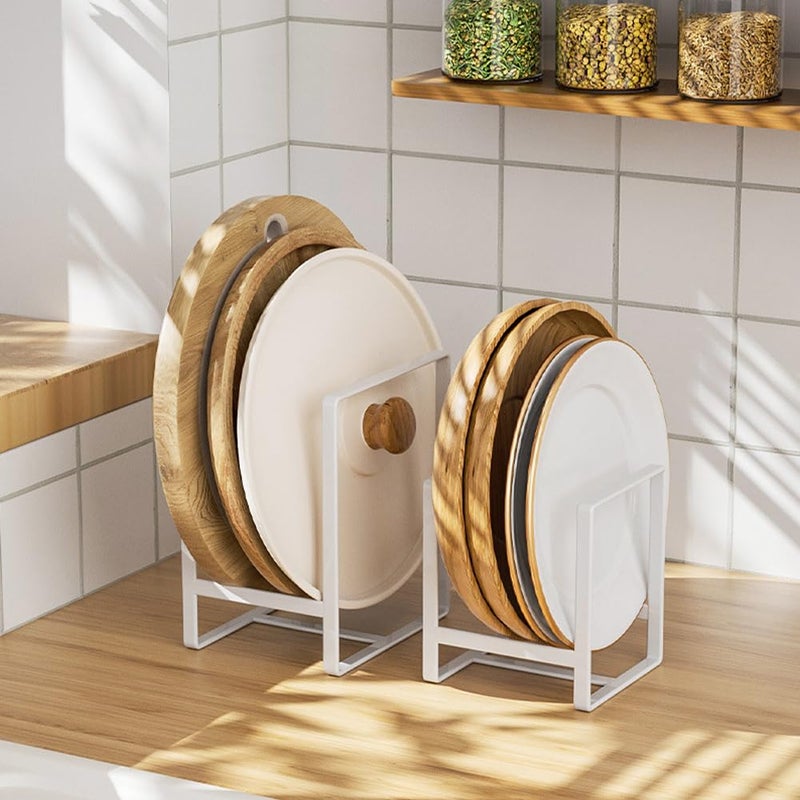 MINGFANITY 2PCS Plate Holders Organizer Metal Dish Storage Dying Display Rack for Cabinet Counter and Cupboard  White Small and Large