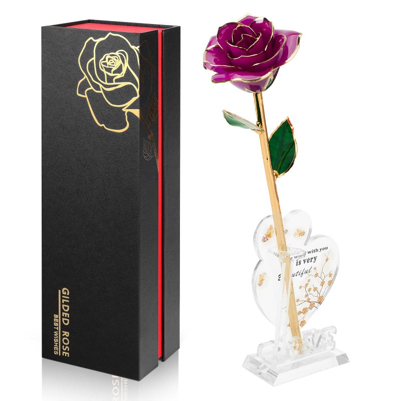Anthonic Gold Dipped Infinity Rose Last Forever Flower Decor Birthday Gift for Women in Her Birthday Mothers Day Resin Preserved Rose Anniversary Present for Mom Purple