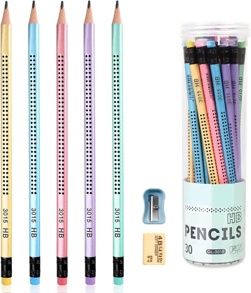 Surcotto HB pencils, 30 HB pencils with eraser and sharpener, pre-sharpened triangular pencils for children's writing and drawing at school and home - Image 1