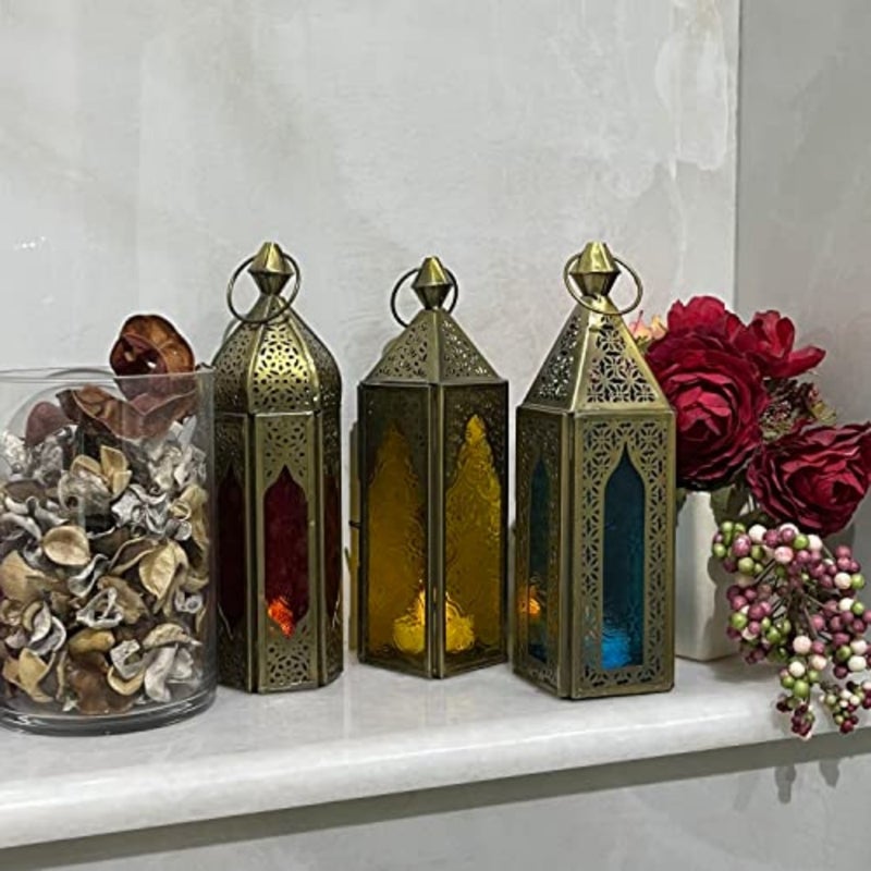 Ramadan Lanterns Set of 3 Red Blue Coloured Glass Moroccan Candle Holders Ramadan Fanoos Decorations for Home Antique Gold Metal Eid Diwali Festive Lanterns for Decor - Image 5