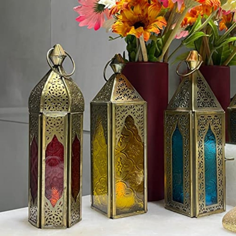 Ramadan Lanterns Set of 3 Red Blue Coloured Glass Moroccan Candle Holders Ramadan Fanoos Decorations for Home Antique Gold Metal Eid Diwali Festive Lanterns for Decor - Image 2