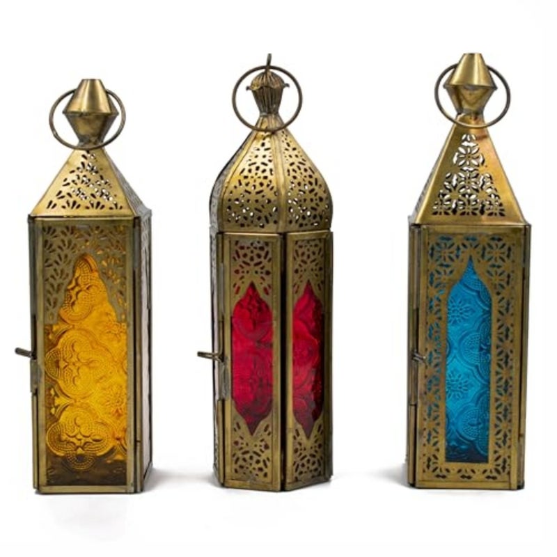 Ramadan Lanterns Set of 3 Red Blue Coloured Glass Moroccan Candle Holders Ramadan Fanoos Decorations for Home Antique Gold Metal Eid Diwali Festive Lanterns for Decor - Image 1