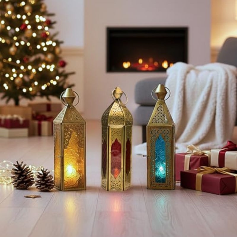 Ramadan Lanterns Set of 3 Red Blue Coloured Glass Moroccan Candle Holders Ramadan Fanoos Decorations for Home Antique Gold Metal Eid Diwali Festive Lanterns for Decor - Image 3