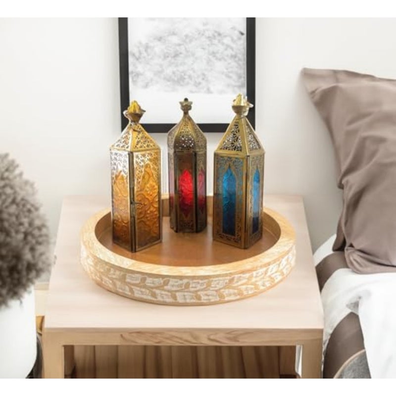 Ramadan Lanterns Set of 3 Red Blue Coloured Glass Moroccan Candle Holders Ramadan Fanoos Decorations for Home Antique Gold Metal Eid Diwali Festive Lanterns for Decor - Image 4