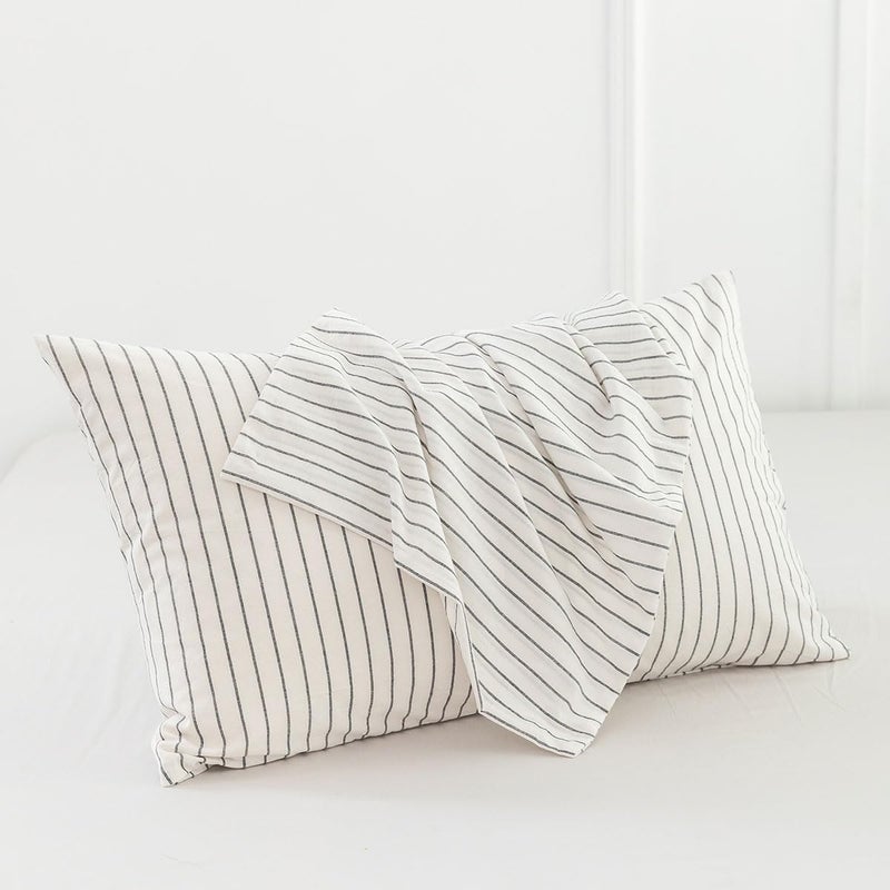MooMee Bedding Pillowcases Striped Pack of 2 100% Washed Cotton Linen Like Textured Breathable Durable Soft Comfy (White Dark Grey Wide Stripes  Queen) - Image 2