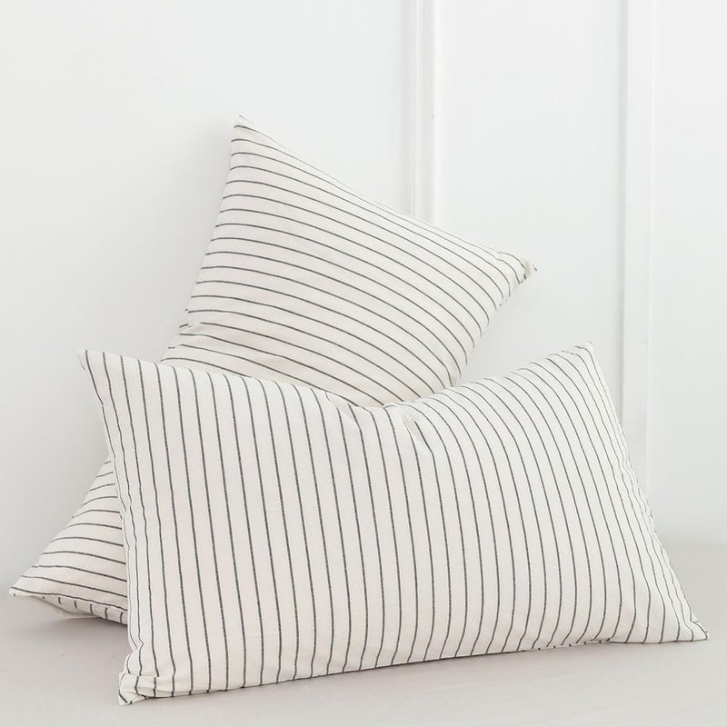 MooMee Bedding Pillowcases Striped Pack of 2 100% Washed Cotton Linen Like Textured Breathable Durable Soft Comfy (White Dark Grey Wide Stripes  Queen) - Image 3