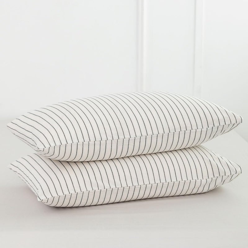 MooMee Bedding Pillowcases Striped Pack of 2 100% Washed Cotton Linen Like Textured Breathable Durable Soft Comfy (White Dark Grey Wide Stripes  Queen) - Image 1