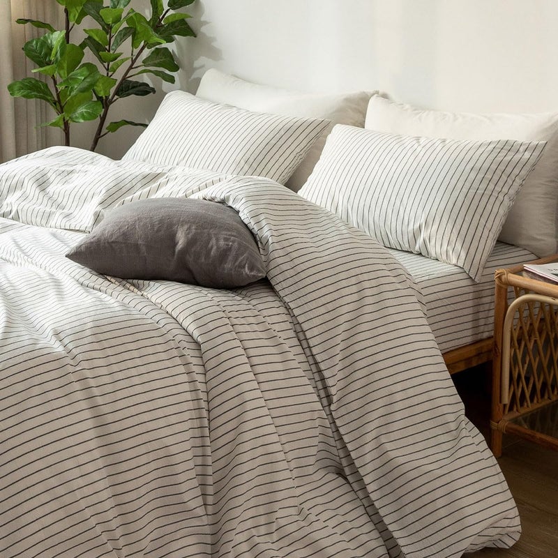 MooMee Bedding Pillowcases Striped Pack of 2 100% Washed Cotton Linen Like Textured Breathable Durable Soft Comfy (White Dark Grey Wide Stripes  Queen) - Image 5