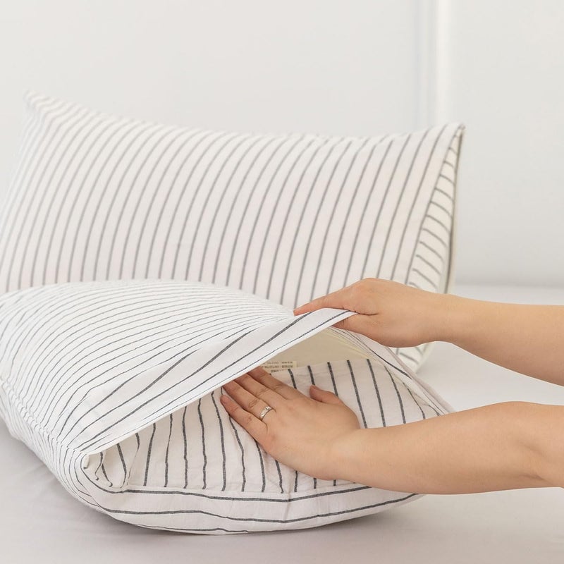 MooMee Bedding Pillowcases Striped Pack of 2 100% Washed Cotton Linen Like Textured Breathable Durable Soft Comfy (White Dark Grey Wide Stripes  Queen) - Image 4