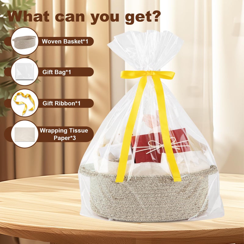 OIAHOMY Gift Basket with Handle, Small Woven Basket with Gift Bagï¼ŒRibbon and Wrap Tissue Paperï¼ŒNursery Bins Empty to Fill with Small Items, Babyï¼ŒPet Toy Organizer - Brown - Image 2