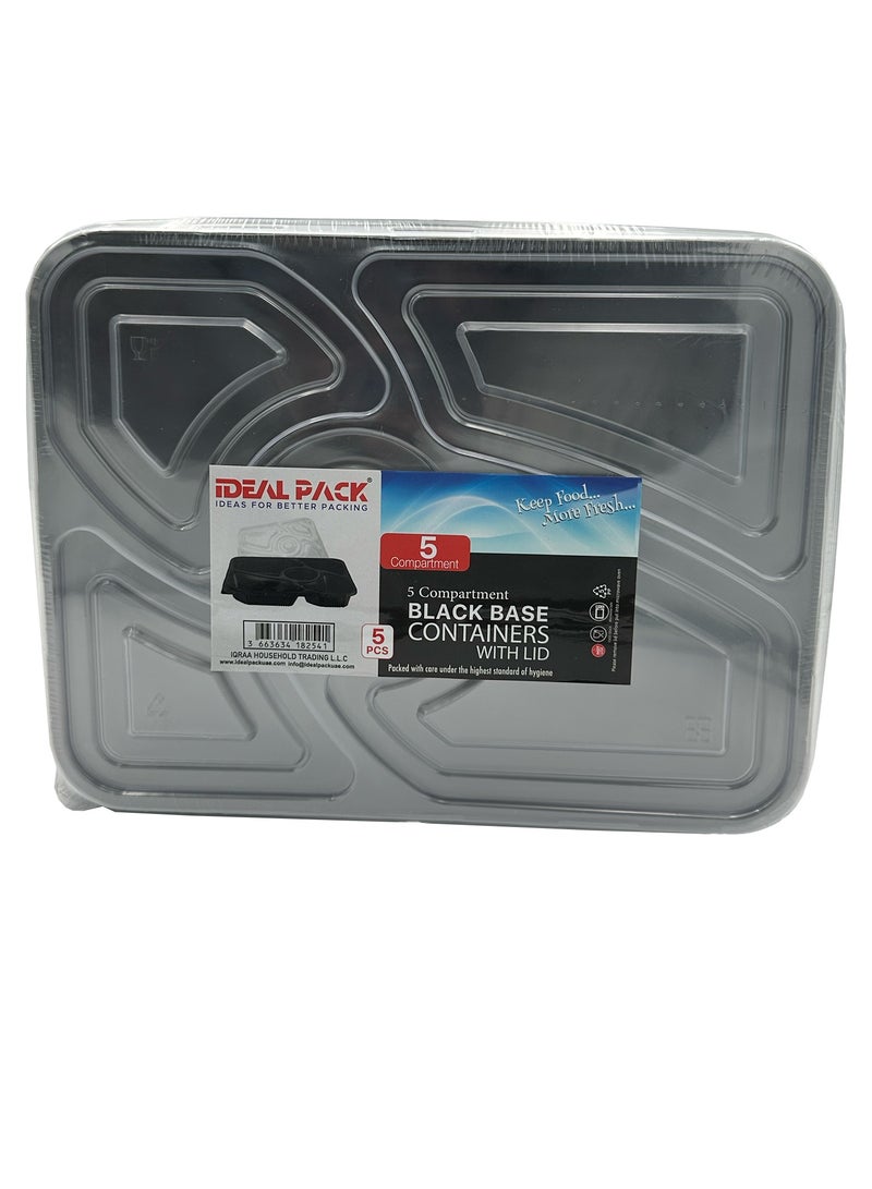 Ideal Pack 5-Section Black Base Food Containers with Lids – 5 PCS | BPA-Free Meal Prep Containers with Compartments | Microwave, Freezer & Dishwasher Safe | Bento Style for Portion Control & Takeout - Image 1
