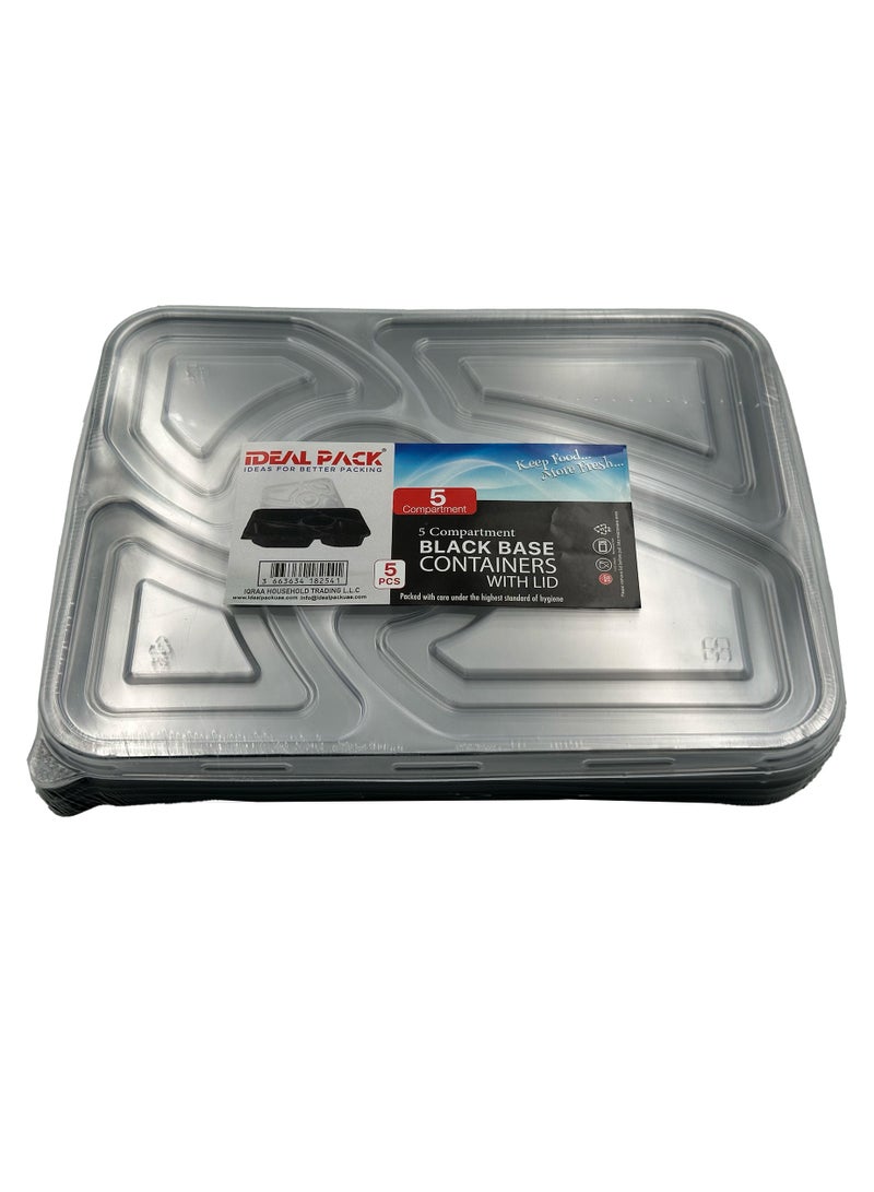 Ideal Pack 5-Section Black Base Food Containers with Lids – 5 PCS | BPA-Free Meal Prep Containers with Compartments | Microwave, Freezer & Dishwasher Safe | Bento Style for Portion Control & Takeout - Image 3