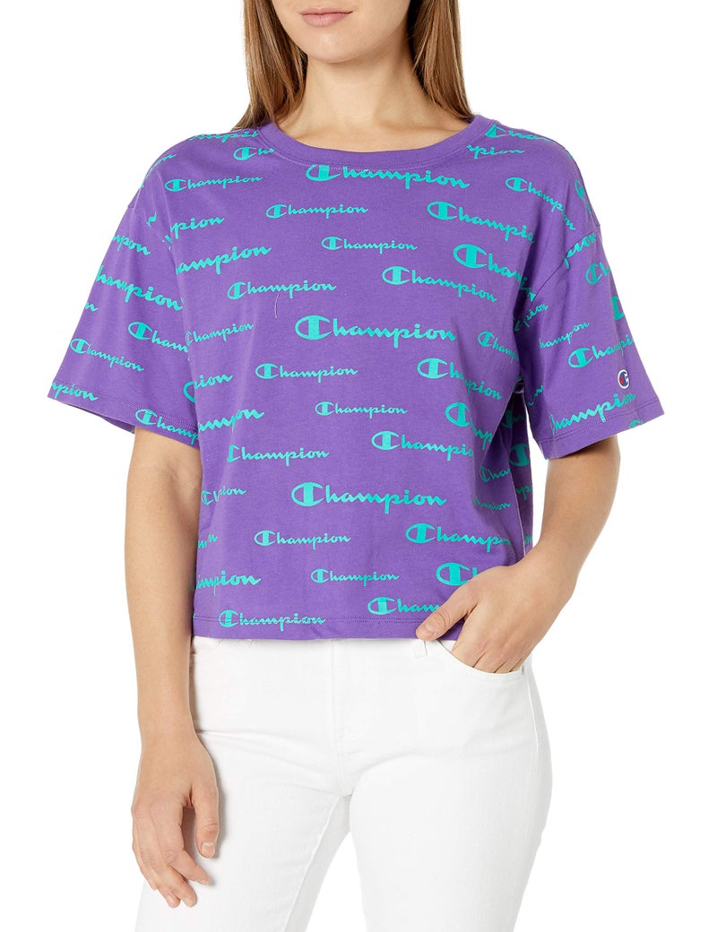 Champion Women's The Cropped TEE, Solid Scripts/Purple crush, LARGE - Image 5
