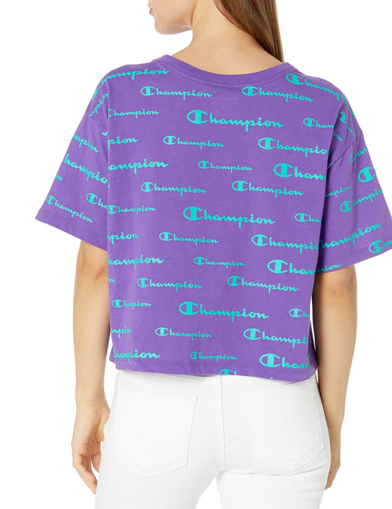 Champion Women's The Cropped TEE, Solid Scripts/Purple crush, LARGE - Image 2