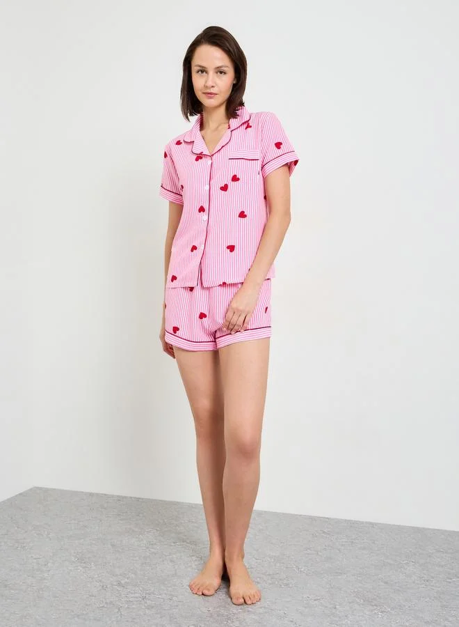 Take Two  Striped Heart Print Short Sleeve Pajama Set for Women | Best Price UAE