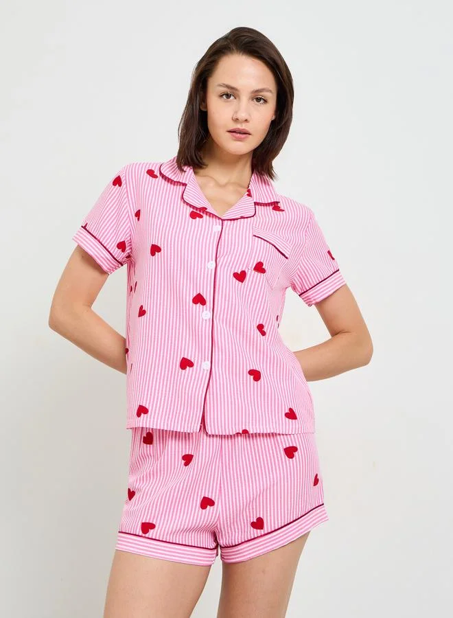 Striped Heart Print Short Sleeve Pajama Set
